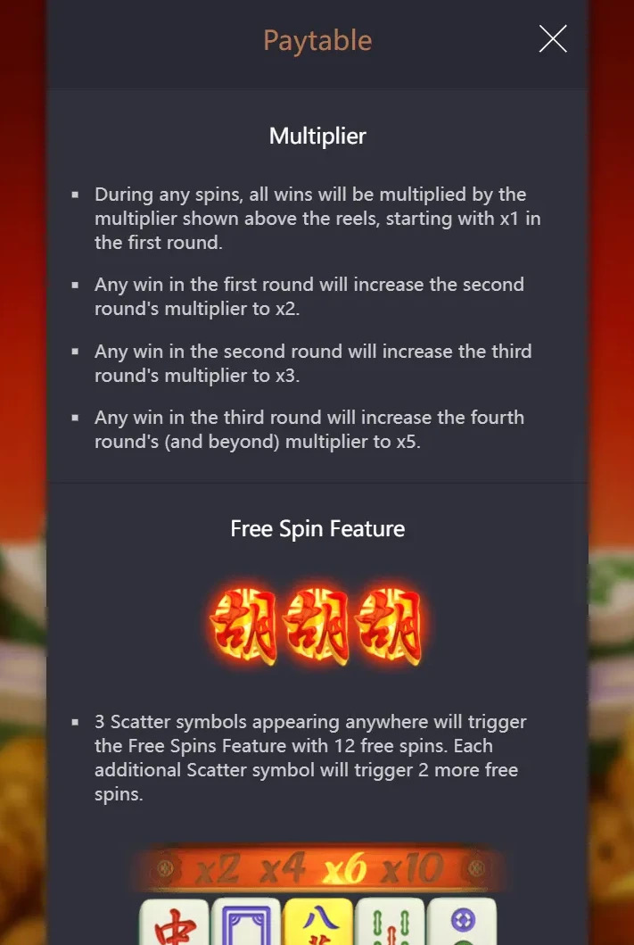 FREE SPIN FEATURE trigger conditions: 3 Scatter symbols trigger 12 free spins, doubled multiplier progression x2/x4/x6/x10 shown