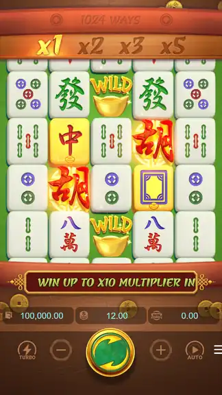 Mahjong Ways session start, spin 1, balance 100,000.00, bet 12.00