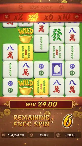 Mahjong Ways cascade with two WILD symbols active, WIN 24.00 building, REMAINING FREE SPIN 6, balance 104,294.20 at bet 12.00